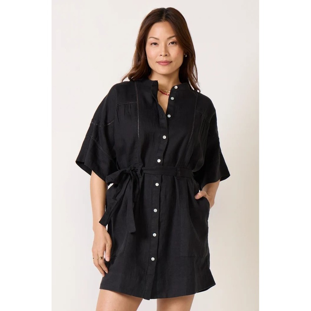 Faherty Luna Dress Womens Medium Black Linen Button Down Belted Mini